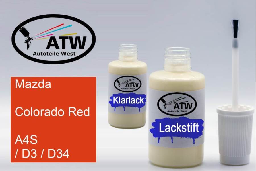 Mazda, Colorado Red, A4S / D3 / D34: 20ml Lackstift + 20ml Klarlack - Set, von ATW Autoteile West.